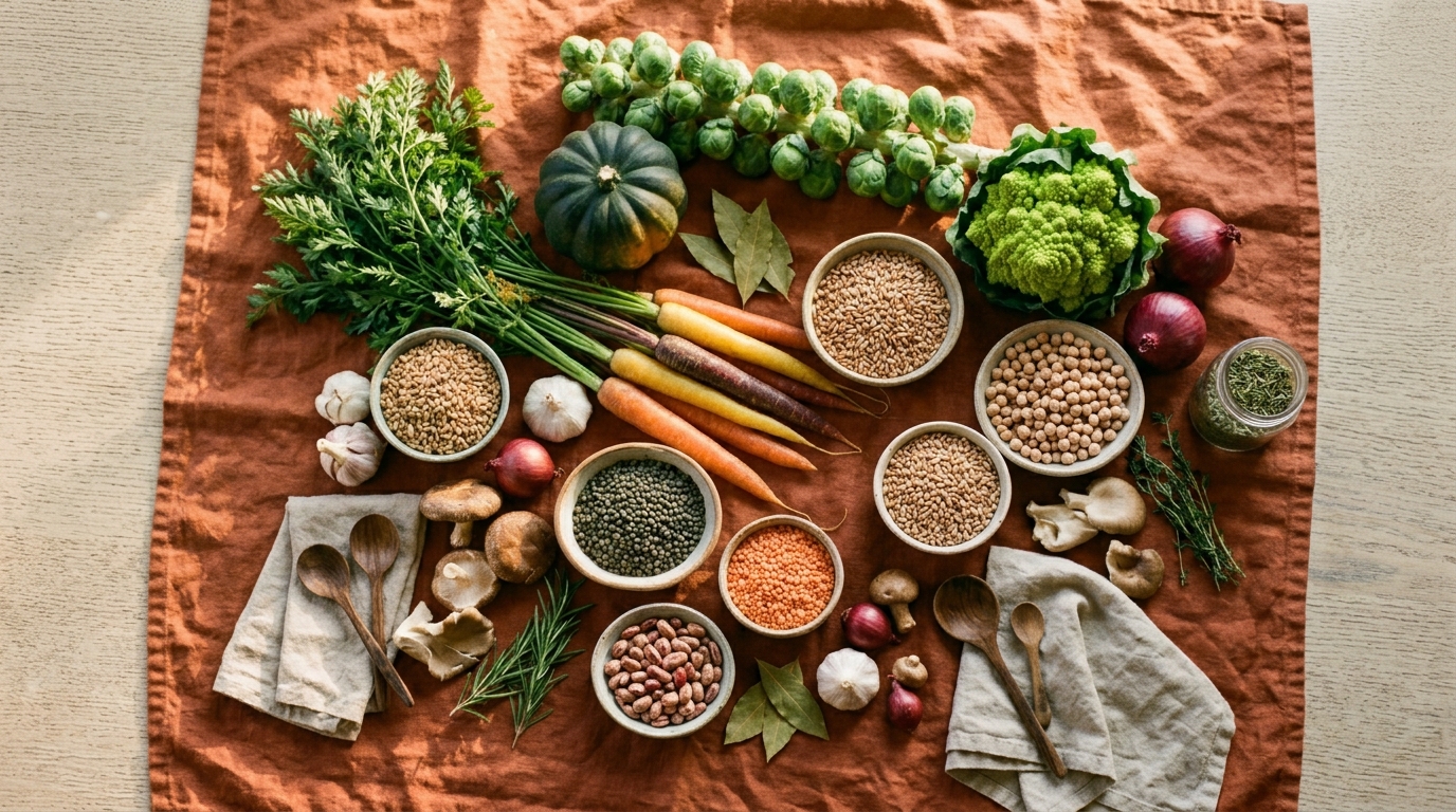 Natura morta con ingredienti stagionali, toni terracotta e oro