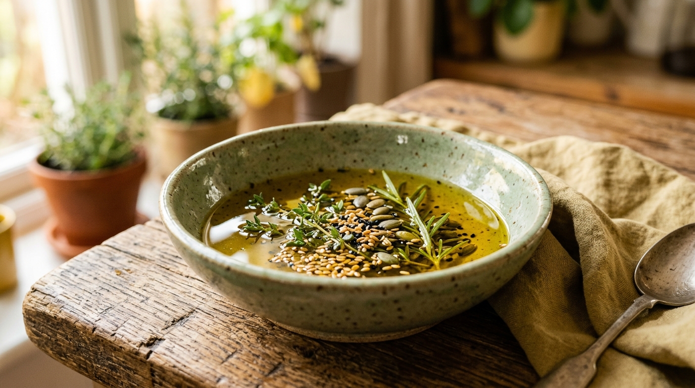 Ciotola in ceramica con olio, erbe e semi su superficie in legno