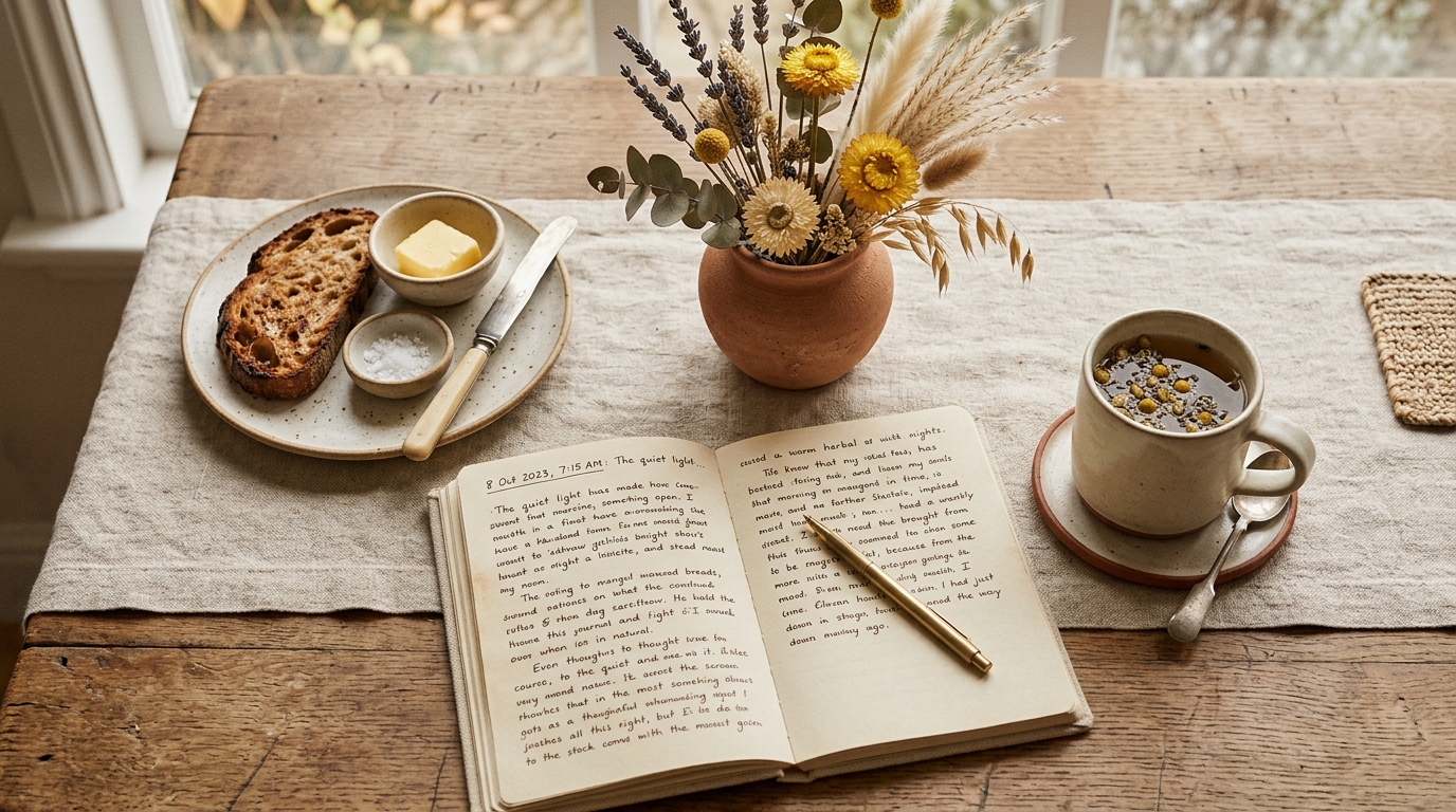 Tavolo mattutino con diario, tazza di the e pane su tessuto naturale